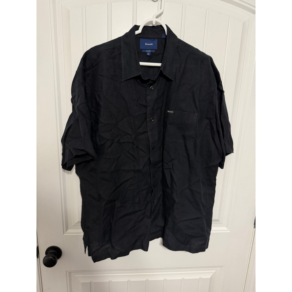 Faconnable Linen Shirt Mens XL Classique Black Short Sleeve Button Down EUC